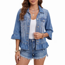 Ruffle Hem Denim Jacket 3/4 Sleeve Button Front Jean Jacket