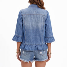 Ruffle Hem Denim Jacket 3/4 Sleeve Button Front Jean Jacket