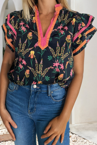 Shirt: Floral Short Sleeve V Neck