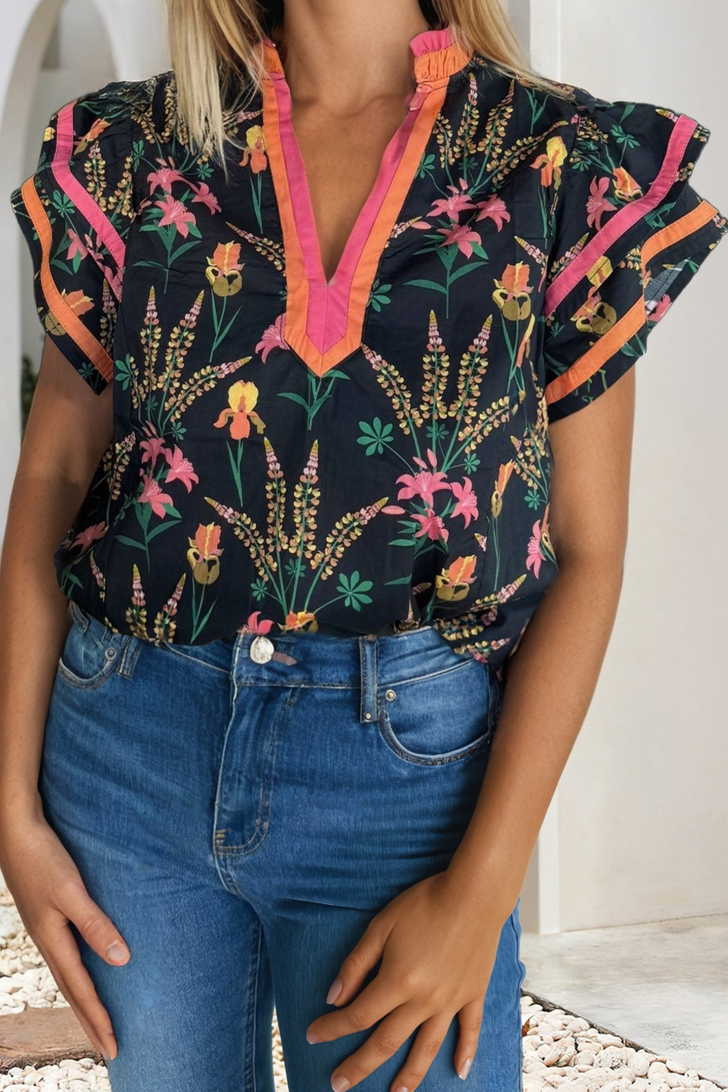 Shirt: Floral Short Sleeve V Neck
