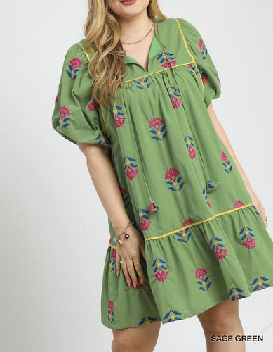 Dress - Green Embroidered